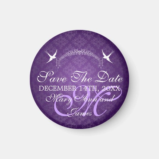 Elegant Bewaar de datum Vogels Monogram Paarse Magneet (Voorkant)