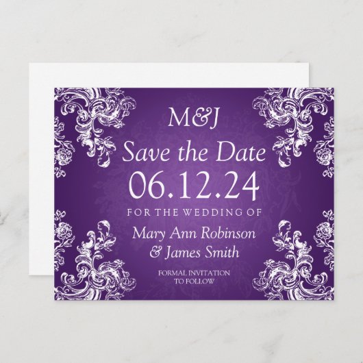 Elegant Bewaar de datum wervelingen 2 Paarse Aankondigingskaart (Voorkant / Achterkant)