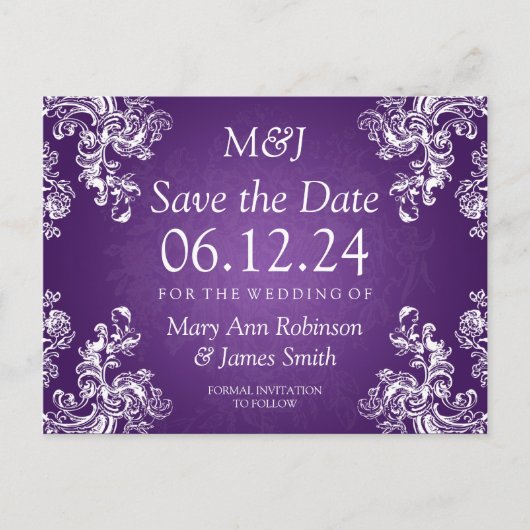 Elegant Bewaar de datum wervelingen 2 Paarse Aankondigingskaart (Voorkant)