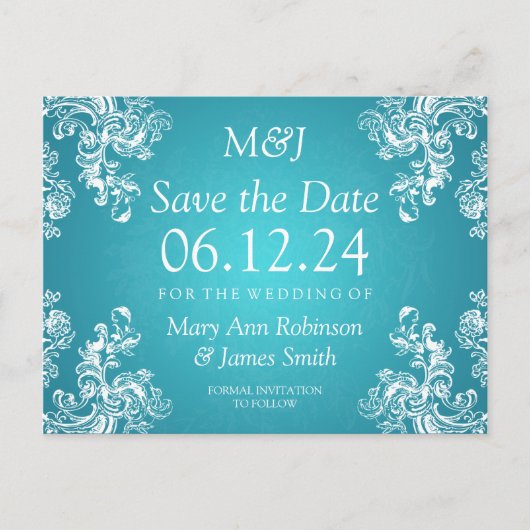Elegant Bewaar de datum  wervelingen 2 turquoise Aankondigingskaart (Voorkant)