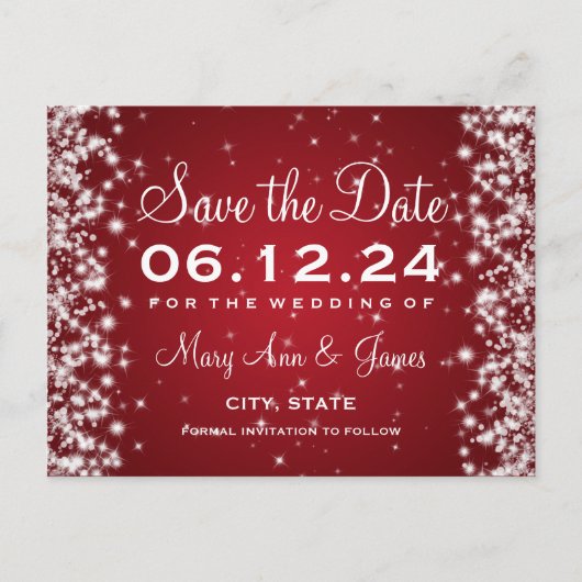 Elegant Bewaar de datum Winter Sparkle Red Aankondigingskaart (Voorkant)