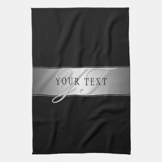 Elegant bewerkbaar monogram scriptschrift | Zwart Theedoek (Verticaal)