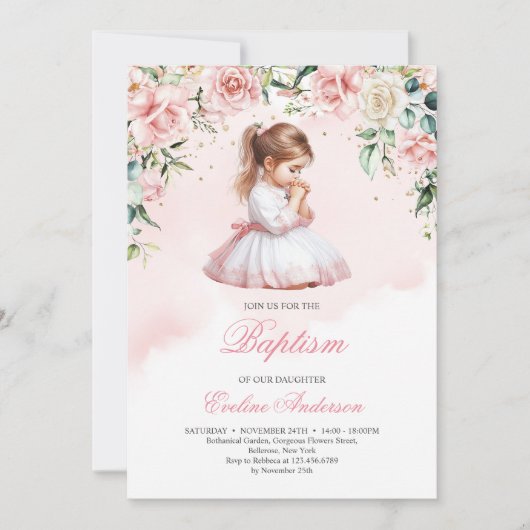Elegant biddend klein meisje waterverf blush rozen kaart (Voorkant)