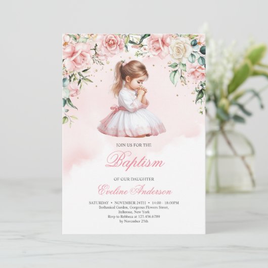 Elegant biddend klein meisje waterverf blush rozen kaart (Staand voorkant)