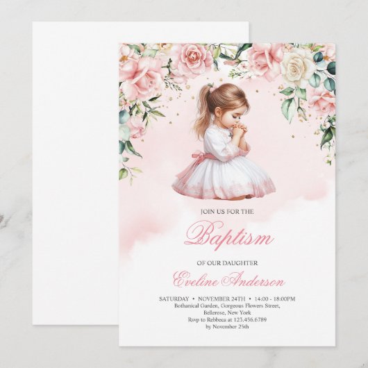 Elegant biddend klein meisje waterverf blush rozen kaart (Voorkant / Achterkant)