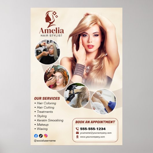 Elegant Biege Hair Stylist Salon Makeup Waxing Poster (Voorkant)