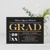 Elegant Big Golden Letters Afstuderen Uitnodiging (Staand voorkant)