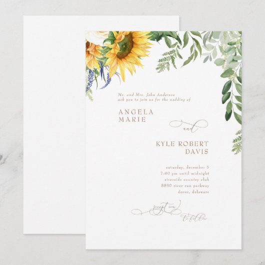 Elegant Billowing Eucalyptus Zonnebloem Bruiloft Kaart (Voorkant / Achterkant)