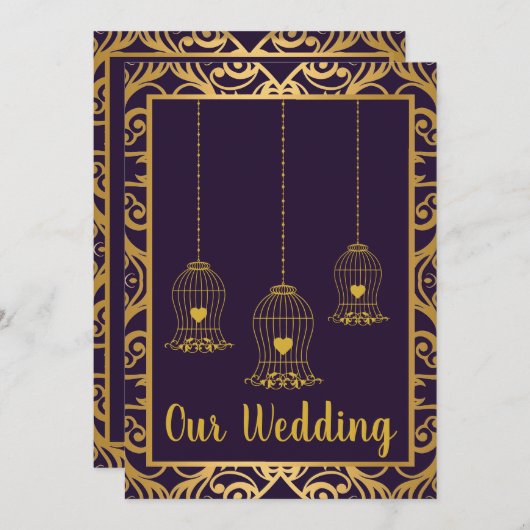 ELEGANT BIRDCAGE NAVY GOLD ABSTRACT WEDING KAART (Voorkant / Achterkant)
