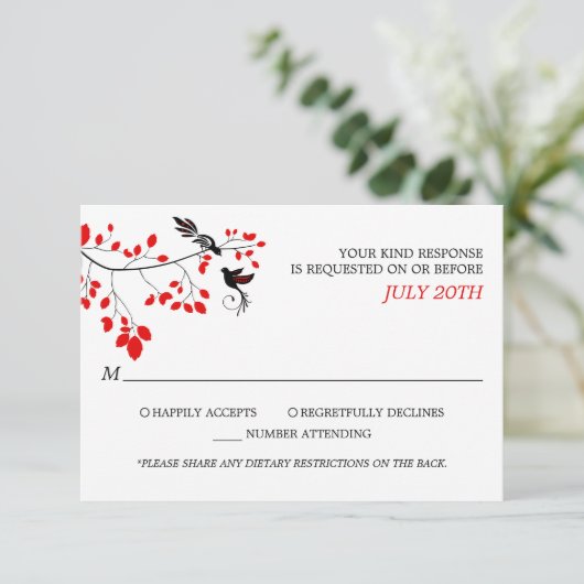 Elegant Birds On Tree Branch RSVP Rood en Zwart (Staand voorkant)