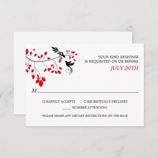 Elegant Birds On Tree Branch RSVP Rood en Zwart (Voorkant / Achterkant)