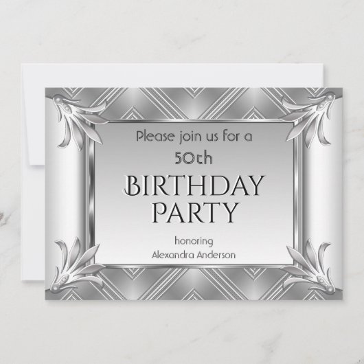 Elegant Birthday Art Deco Silver Chrome Kaart (Voorkant)