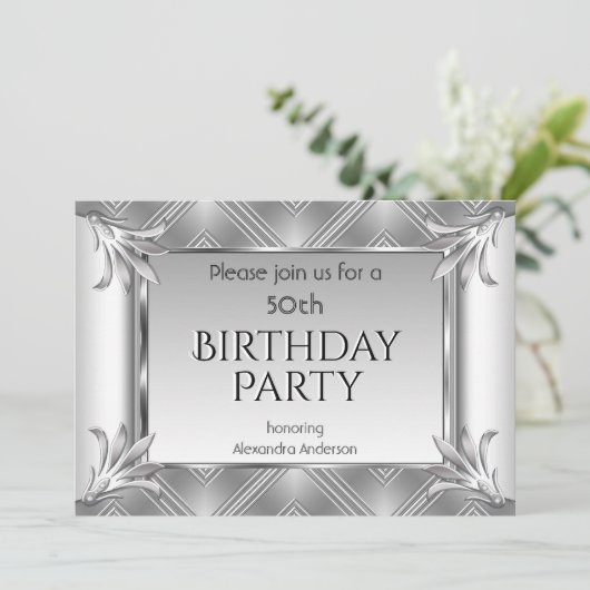 Elegant Birthday Art Deco Silver Chrome Kaart (Staand voorkant)