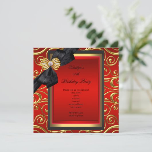 Elegant Birthday Black Damask Red Gold Kaart (Staand voorkant)