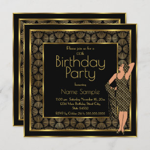 Elegant Birthday Black Gold Art Deco Lady 2 Kaart