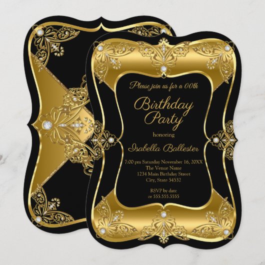 Elegant Birthday Black Gold Elite Diamond 3 Kaart (Voorkant / Achterkant)