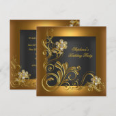 Elegant Birthday Black Gold Flower Kaart (Voorkant / Achterkant)