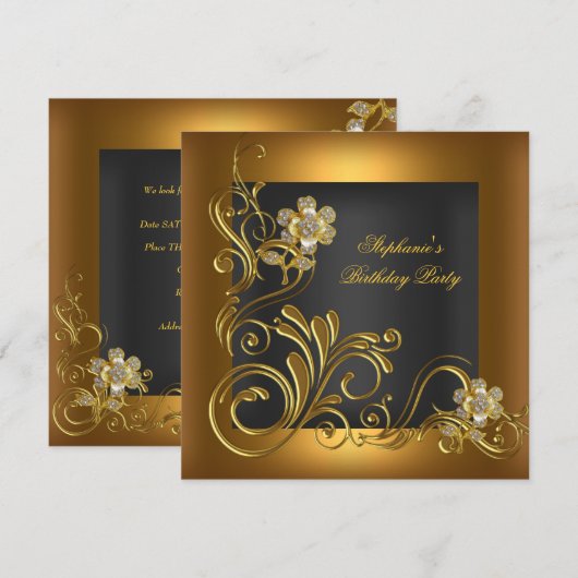Elegant Birthday Black Gold Flower Kaart (Voorkant / Achterkant)
