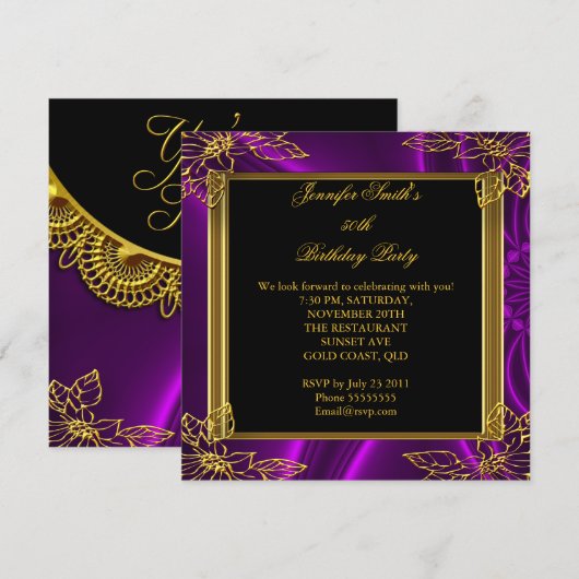 Elegant Birthday Black Paars Gold Kaart (Voorkant / Achterkant)