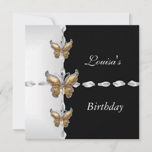 Elegant Birthday Black White Gold Bronze Butterfly Kaart (Voorkant)