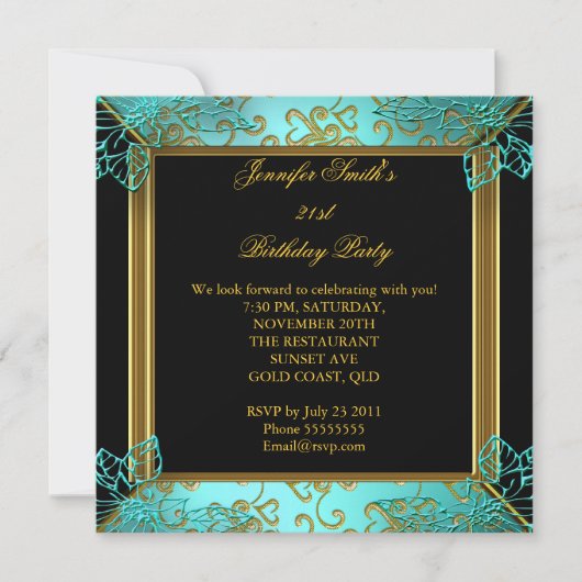 Elegant Birthday Blauwgroen Black Gold Damask Kaart (Voorkant)