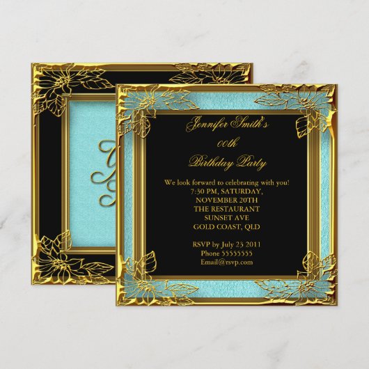 Elegant Birthday Blauwgroen Blue Black Gold Kaart (Voorkant / Achterkant)