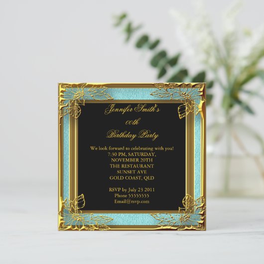 Elegant Birthday Blauwgroen Blue Black Gold Kaart (Staand voorkant)