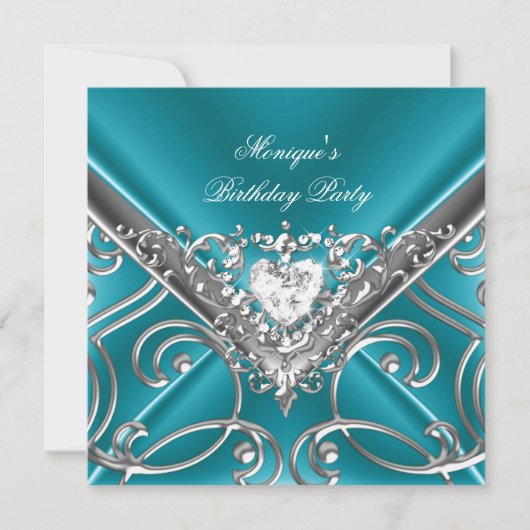 Elegant Birthday Blauwgroen Blue Silver Diamond Kaart (Voorkant)