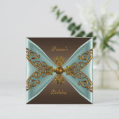 Elegant Birthday Coffee Brown Old Gold Blauwgroen Kaart (Staand voorkant)