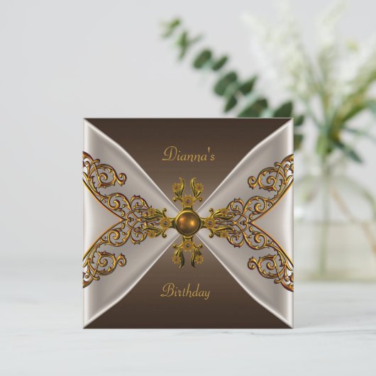 Elegant Birthday Coffee Brown Old Gold Jewel 2 Kaart (Staand voorkant)