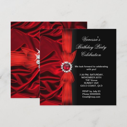 Elegant Birthday Deep Red Silk Black 3 Kaart (Voorkant / Achterkant)