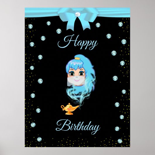 Elegant Birthday Genie, Magic Lamp & Pareltjes op Poster (Voorkant)
