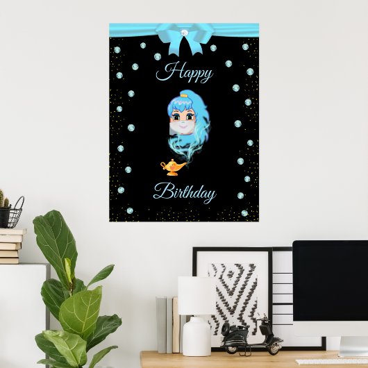 Elegant Birthday Genie, Magic Lamp & Pareltjes op Poster (Thuiskantoor)