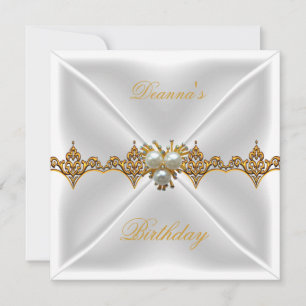 Elegant Birthday Gold Jewel White Silk Kaart