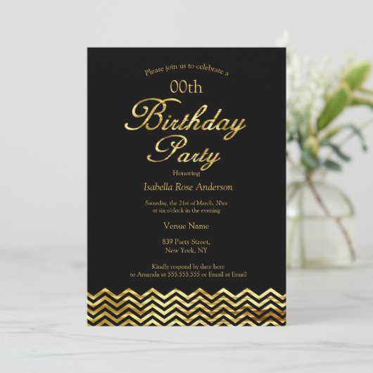 Elegant Birthday Gold Shimmer Chevron stripe Black Kaart (Staand voorkant)