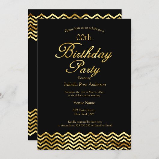 Elegant Birthday Gold Shimmer Chevron stripe Black Kaart (Voorkant / Achterkant)