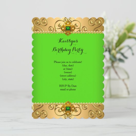 Elegant Birthday Green Limoen Damask Gold B Kaart (Staand voorkant)