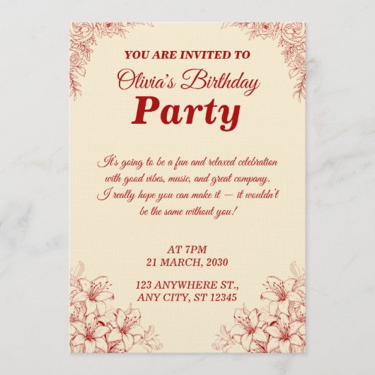 Elegant Birthday Invitation Card – Custom Floral D Kaart (Voorkant)