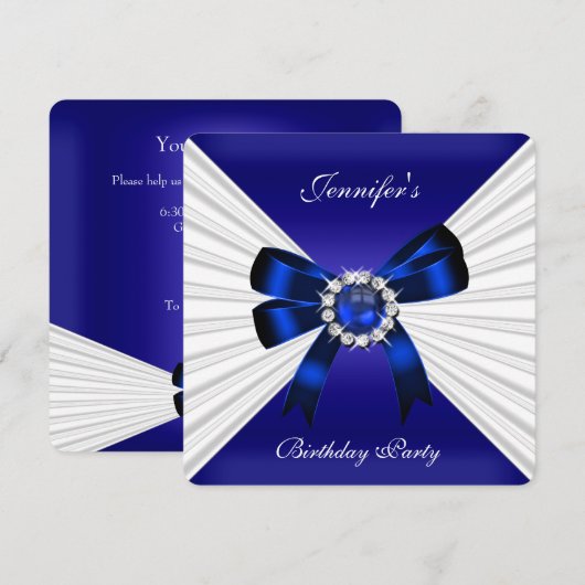 Elegant Birthday Invite Royal Blue Jewel White 2 Kaart (Voorkant / Achterkant)
