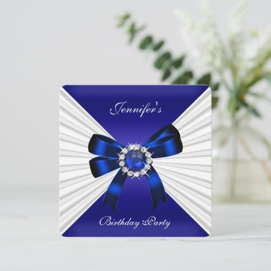 Elegant Birthday Invite Royal Blue Jewel White 2 Kaart (Staand voorkant)