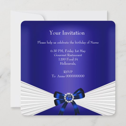 Elegant Birthday Invite Royal Blue Jewel White 2 Kaart (Achterkant)