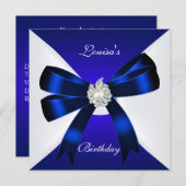 Elegant Birthday Invite Royal Blue Pearl White Kaart (Voorkant / Achterkant)