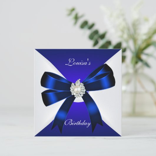 Elegant Birthday Invite Royal Blue Pearl White Kaart (Staand voorkant)