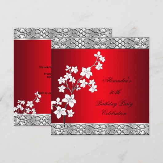 Elegant Birthday Party Asian Red Floral Silver Kaart (Voorkant / Achterkant)