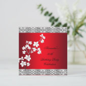 Elegant Birthday Party Asian Red Floral Silver Kaart (Staand voorkant)