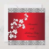 Elegant Birthday Party Asian Red Floral Silver Kaart (Voorkant)