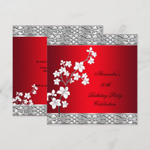 Elegant Birthday Party Asian Red Floral Silver Kaart