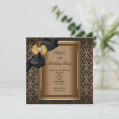 Elegant Birthday Party Black Damask Coffee Gold Kaart (Staand voorkant)