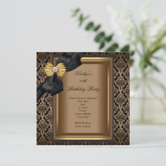 Elegant Birthday Party Black Damask Coffee Gold Kaart (Staand voorkant)