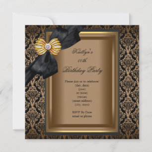 Elegant Birthday Party Black Damask Coffee Gold Kaart